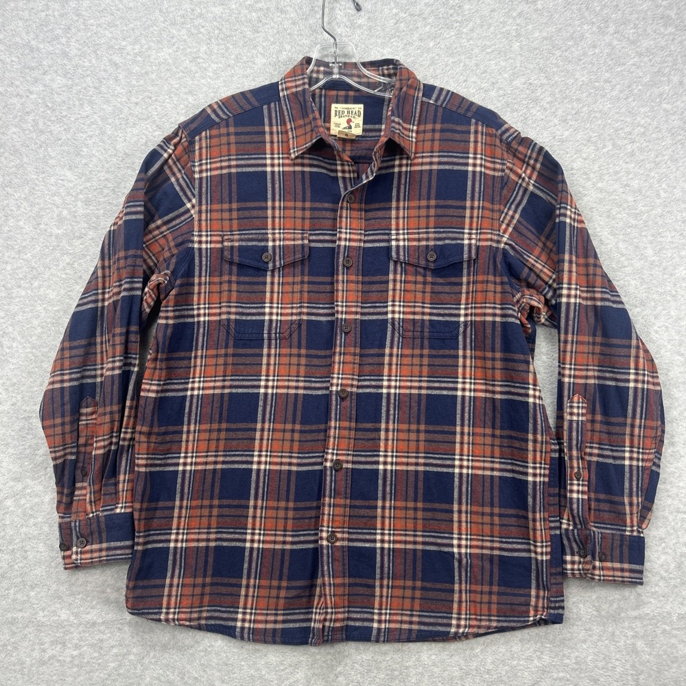 Red Head Flannel Shirt Mens Large‎ Blue Brown Plaid Lumberjack Cabincore Rugged